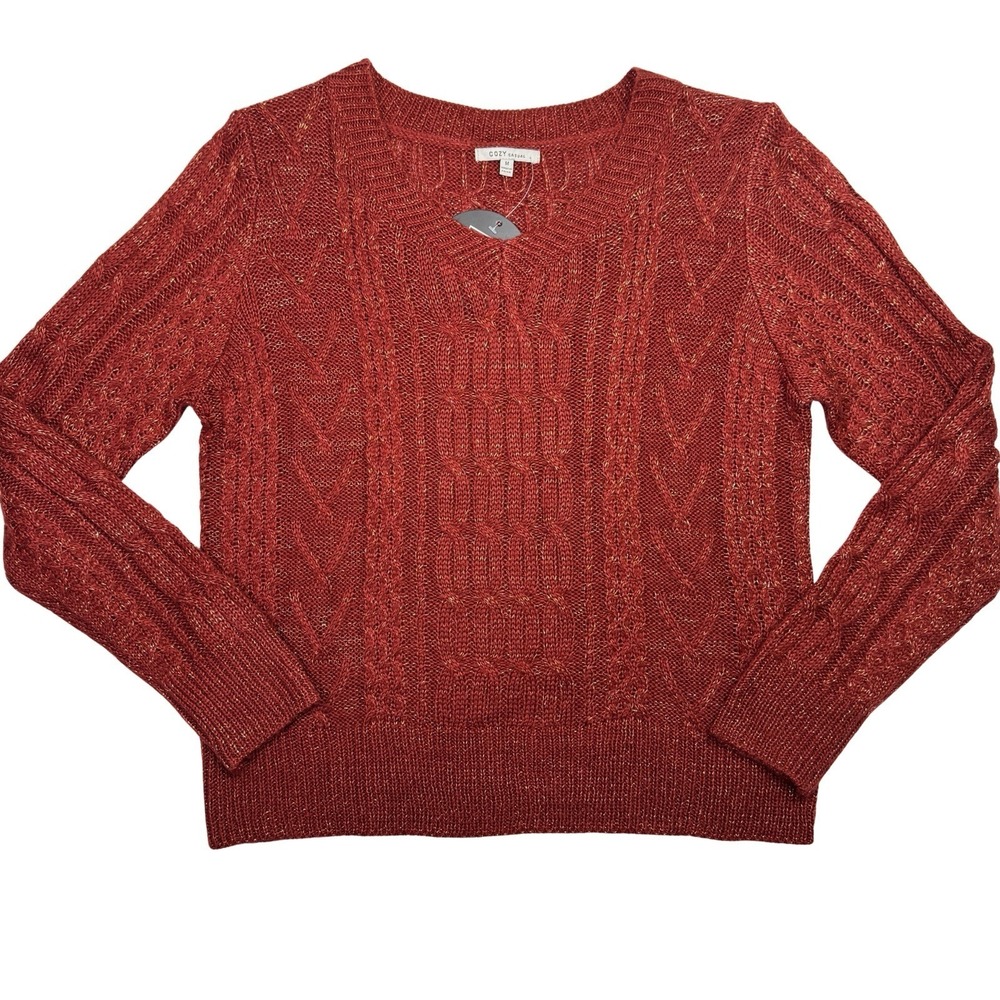 Cozy Casual Red Cable Knit Sweater M NWT Metallic Gold Thread Soft Knit